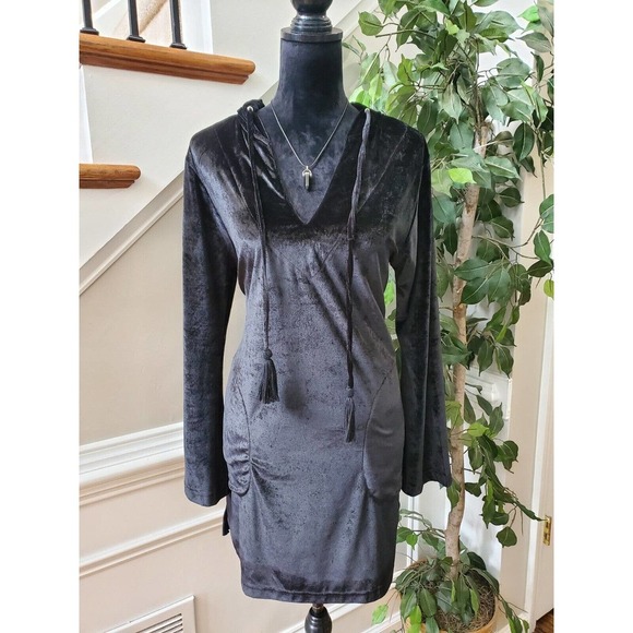 Ingear Resort Black Velvet Polyester V-Neck Long Sleeve Knee Length Dress S/M - Picture 13 of 15
